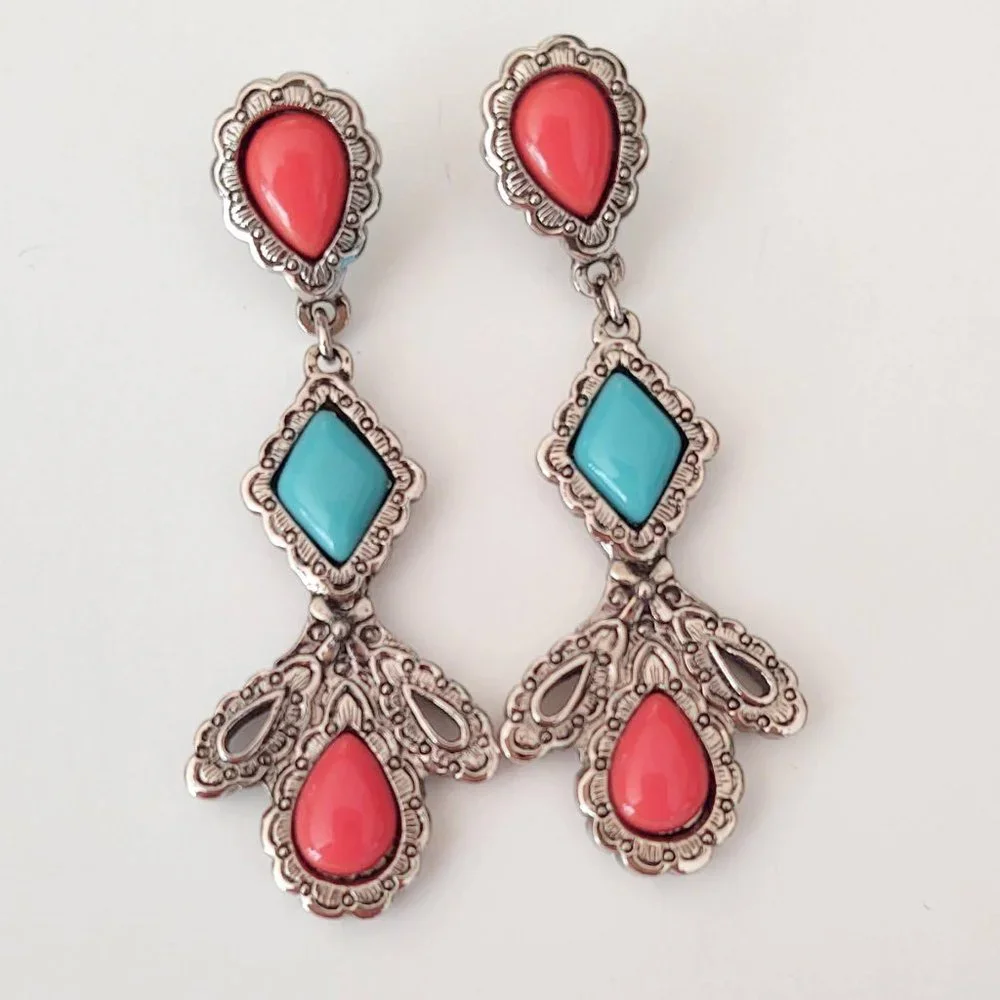 Coral and turquoise beaded earrings with silver base